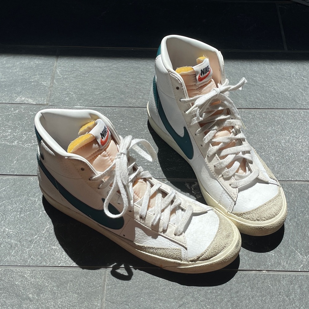 Nike Blazer ‘77 Vintage Mid High-Top Sneakers with Teal Swoosh and Yellow Tongue